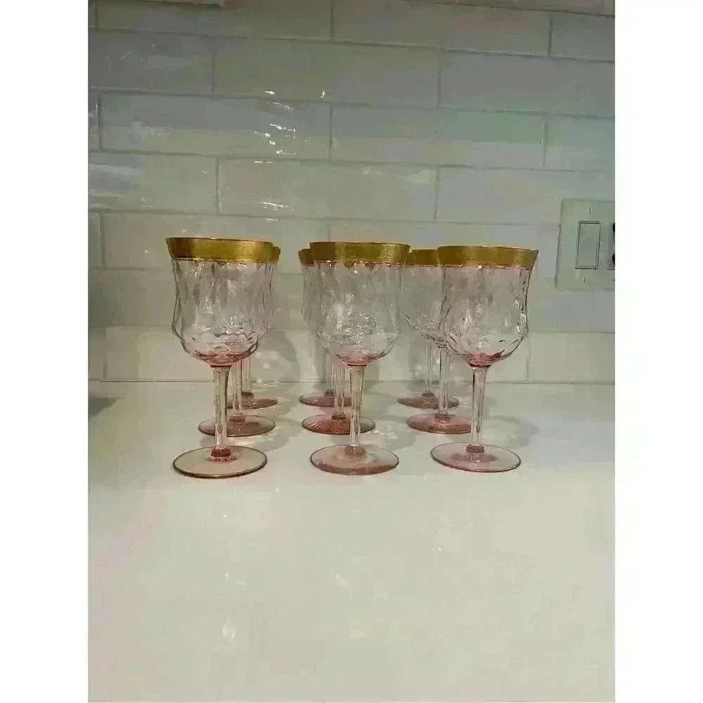 Tiffin Franciscan Valencia Vintage Pink Stem Glass Goblets (x9)‎